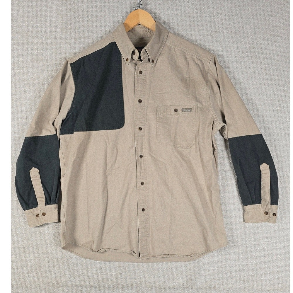 Woolrich Men's Shooting Shirt L? Beige Cotton Button Down Hunting Shooting Pad